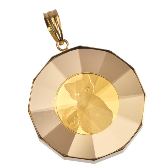 販売終了：K24 純金 コイン ペンダント キャット & 肉球 1/25oz 放射カットガラス ゴールド