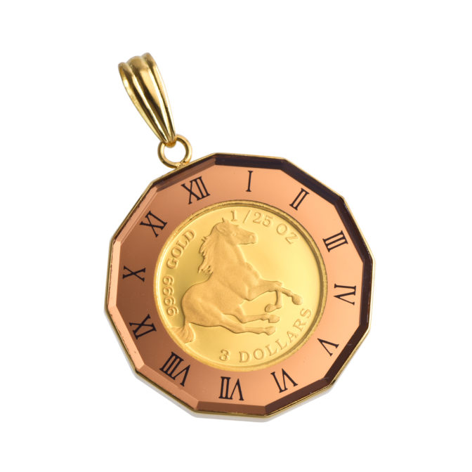 K24 純金 コイン ペンダント  ツバル ホース& エリザベス 1/25oz 染めガラス時計 サクラブラウン