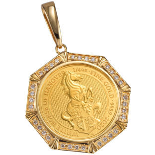 非公開: K24 純金 コイン ペンダント クィーンビースト ホワイトホース &エリザベス 1/4oz ダイヤモンド 8角ベゼルフレーム
