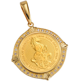 非公開: K24 純金 コイン ペンダント クィーンビースト ホワイトホース &エリザベス 1/4oz ダイヤモンド ベゼルフレーム