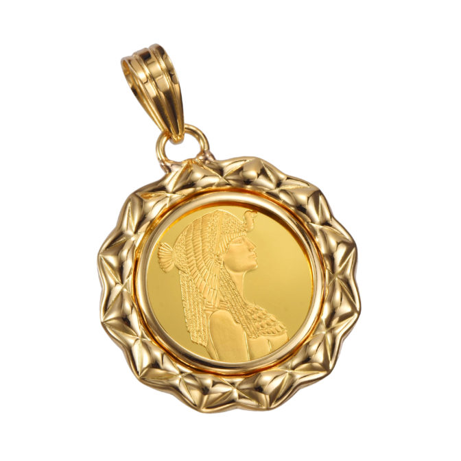 販売終了：K24 純金 コイン ペンダント クレオパトラ 1/25oz デザインフレーム No.3