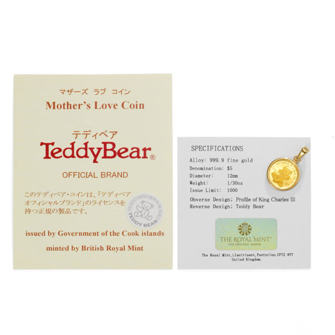 K24 純金 コインペンダント テディベア チャールズ 1/30oz シンプル フレーム