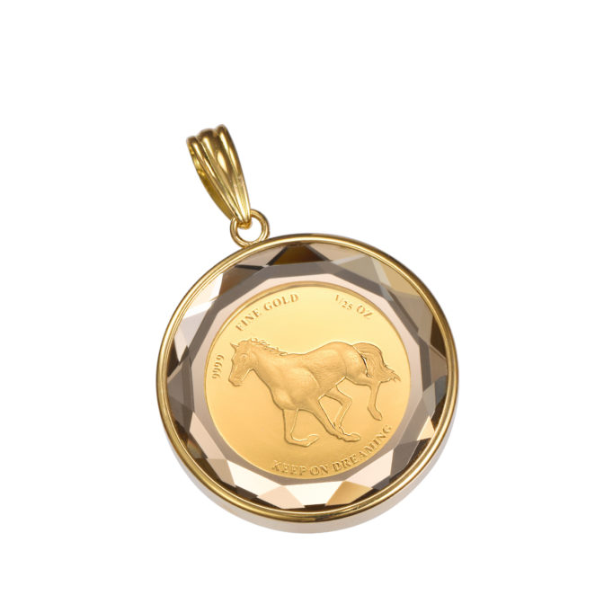 K24 純金 コイン ペンダント パンプ ホース & ホースシュー 1/25oz カットガラス ゴールド