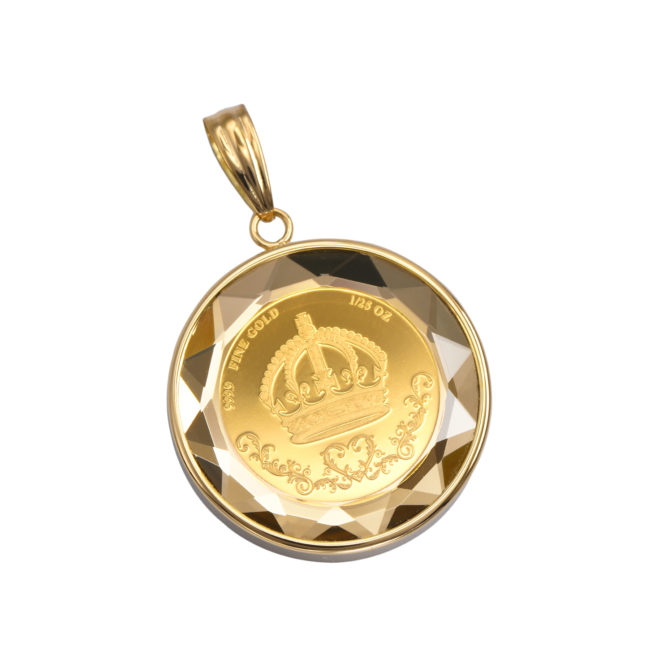 K24 純金 コイン ペンダント クラウン & 獅子 1/25oz カットガラス ゴールド