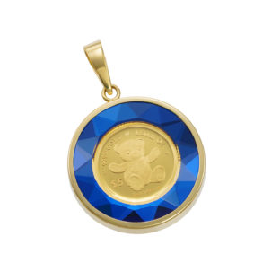K24 純金 コイン ペンダント  テディベア & エリザベス 1/30oz カットガラス ブルー & ゴールド