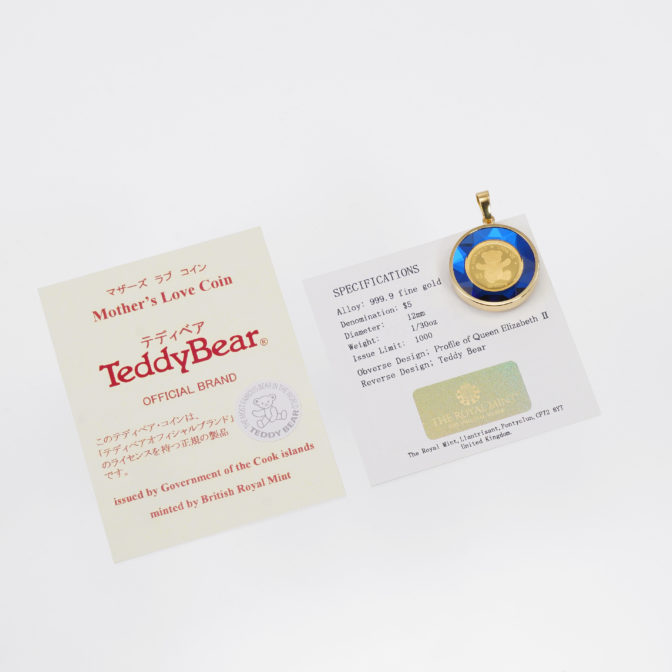 K24 純金 コインペンダント テディベア 1/30oz カットガラス ブルー ゴールド