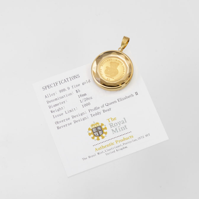 K24 純金 コインペンダント テディベア 1/20oz カットガラス ゴールド