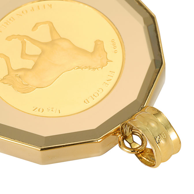 K24 純金 コインペンダント ホース ホースシュー 1/25oz 12角ガラス ゴールド