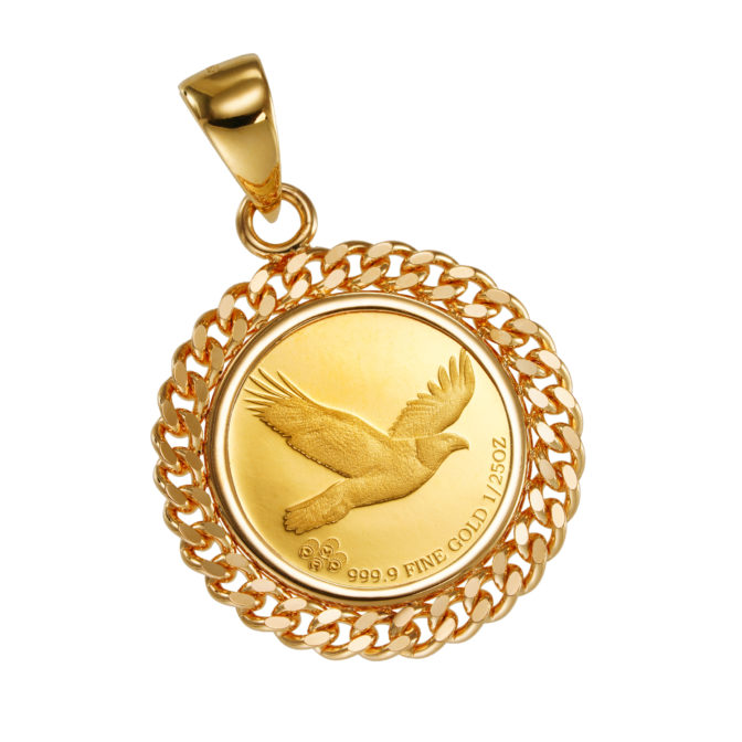 K24 純金 コインペンダント クラウン & 獅子エンブレム 1/25oz 2面カット 喜平フレーム