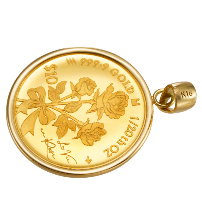 K24 純金 コインペンダント トップ ラヴィアン ローズ 1/20oz シンプルフレーム