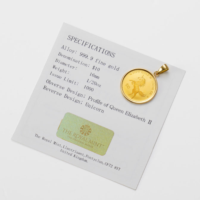 K24 純金 コインペンダント ユニコーン エリザベス 1/20oz シンプルフレーム