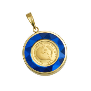 K24 純金 コイン ペンダント ドルフィン & エリザベス 1/30oz カットガラス ブルー & ゴールド