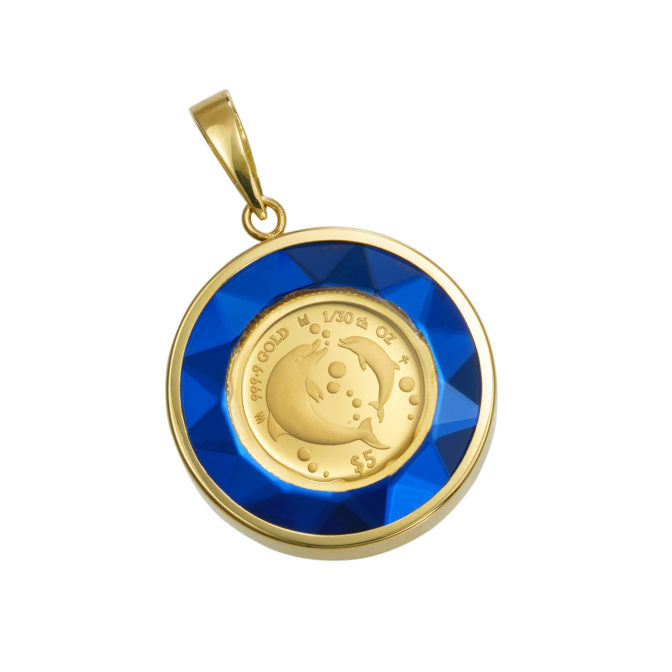 K24 純金 コイン ペンダント ドルフィン & エリザベス 1/30oz カットガラス ブルー & ゴールド
