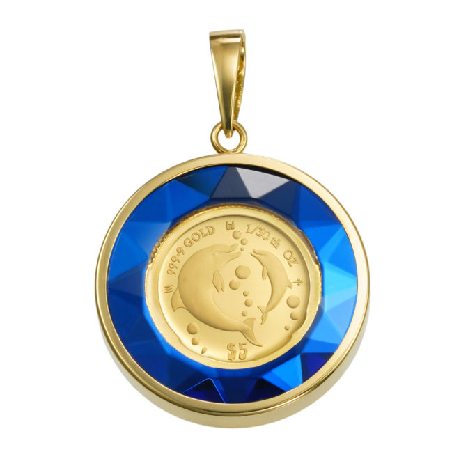 K24 純金 コインペンダント ドルフィン エリザベス 1/30oz カットガラス ゴールド ブルー