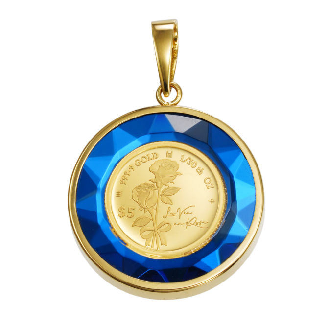 K24 純金 コインペンダント ローズ エリザベス 1/30oz カットガラス ゴールド ブルー