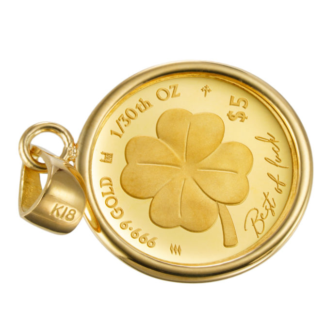 K24 純金 コインペンダント 四つ葉のクローバー 1/30oz シンプルフレーム