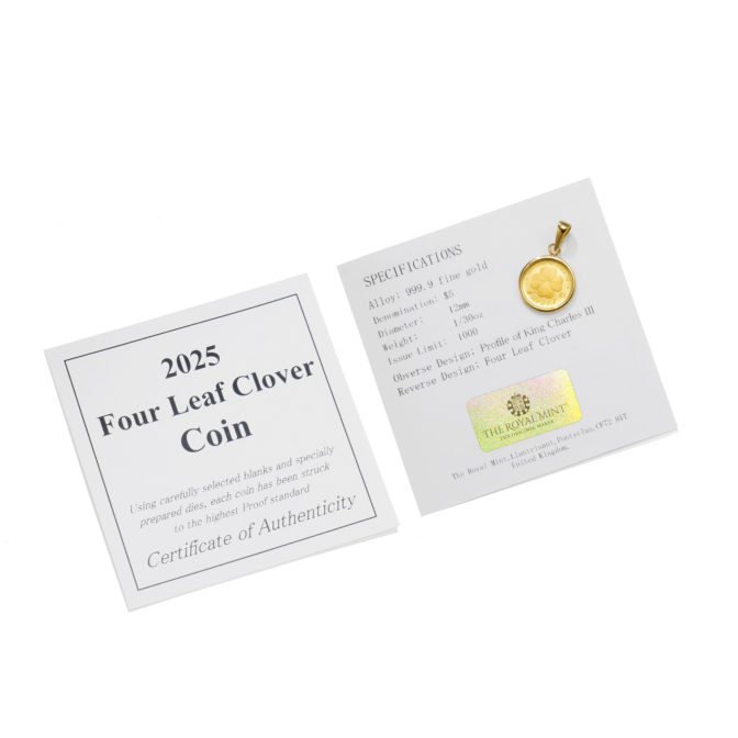 K24 純金 コインペンダント 四つ葉のクローバー 1/30oz シンプルフレーム