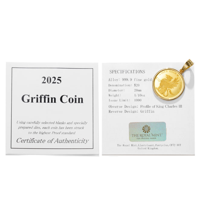 K24 純金 コインペンダント グリフォン 1/10oz シンプルフレーム